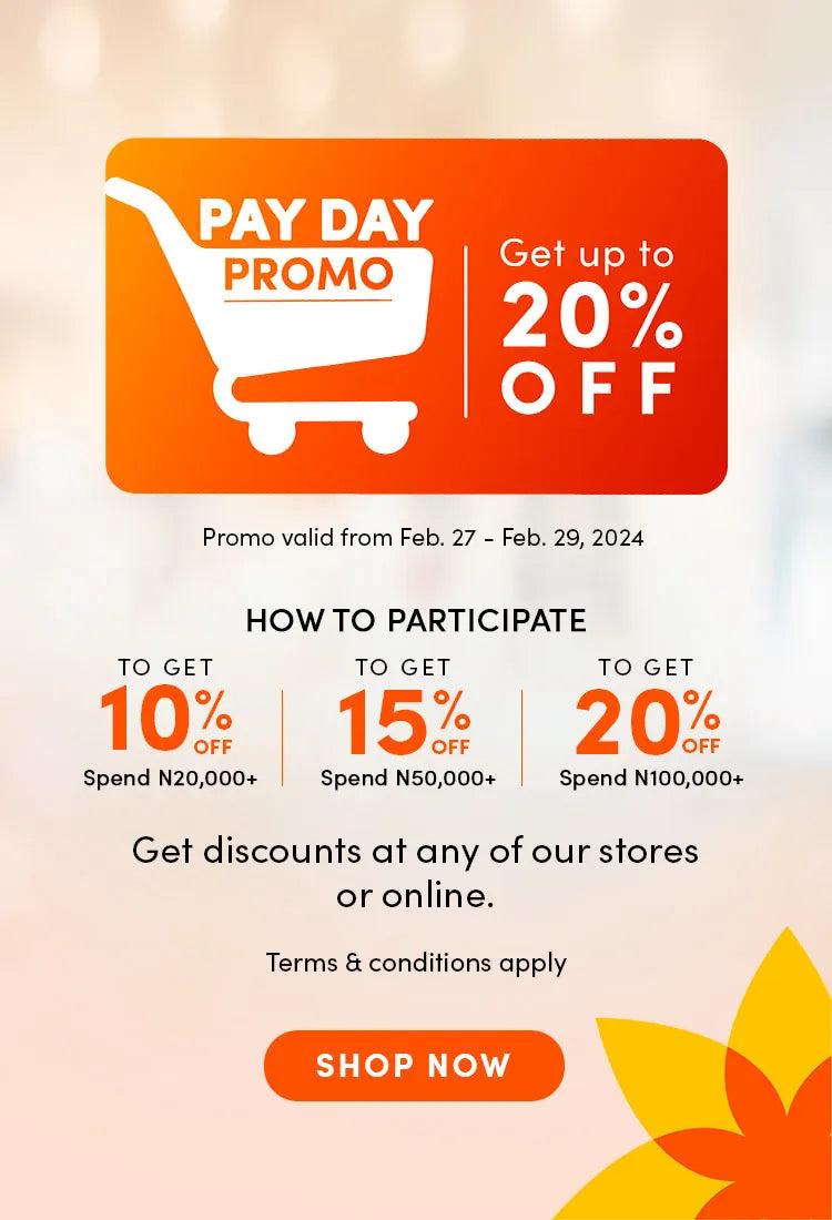 Image depicting Pay Day sale discounts - 10%, 15%, and 20% off rewards for minimum spends of 20,000, 50,000 and 100,000 naira respectively