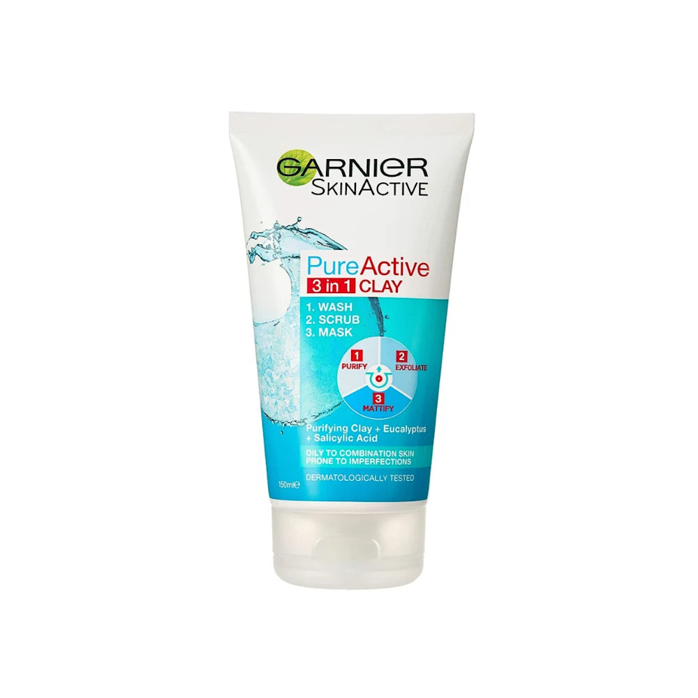 Garnier Pure Active 3 In 1 Clay Wash Scrub Mask 150ml