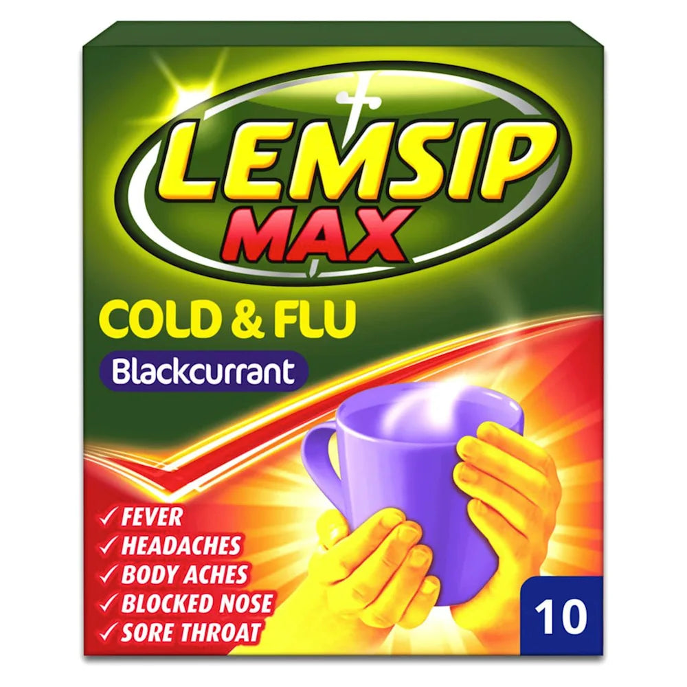 Lemsip Max Cold & Flu Blackcurrant (Paracetamol/Phenylephrine) 1000mg Powder x10