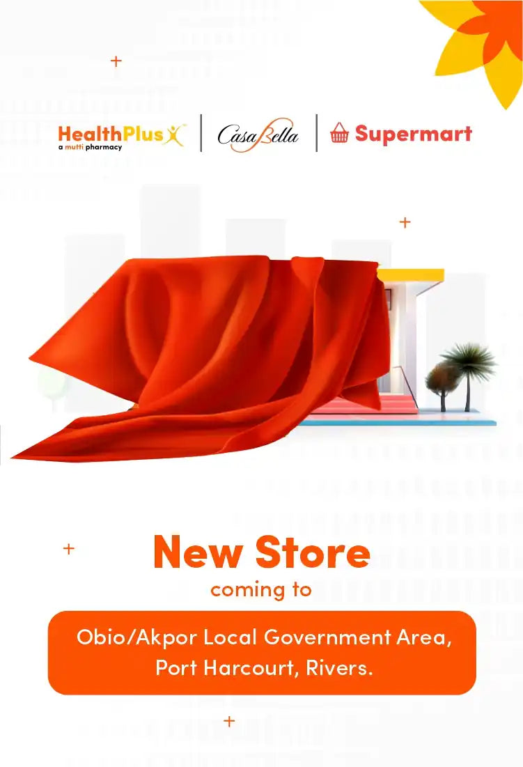 Promotional image for a new store opening. Text reads: 'Health a mutt' pharmacy I Supermart New Store coming to Obio/Akpor Local Government Area, Port Harcourt, Rivers.'