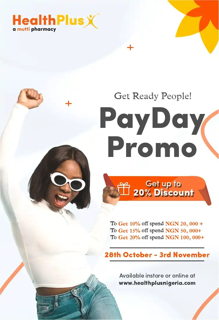 HealthPlus Pharmacy PayDay Promo. Up to 20% discount on purchases. NGN 20,000+ gets 10% off, NGN 50,000+ gets 15% off, NGN 100,000+ gets 20% off. Valid October 28th - November 3rd. In-store and online at:  
www.healthplusnigeria.com