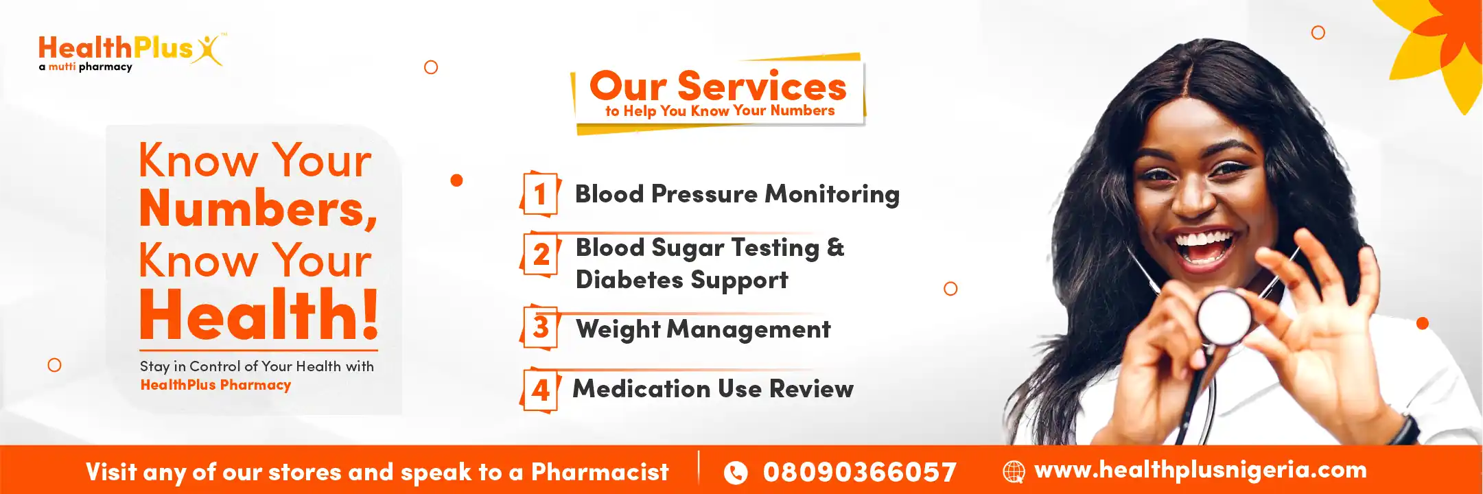 HealthPlus Pharmacy promotional image. Text reads: 'Know Your Numbers, Know Your Health! Stay in Control of Your Health with HealthPlus Pharmacy'. Lists services: Blood Pressure Monitoring, Blood Sugar Testing, Diabetes Support, Weight Management, Medication Use Review. Encourages visiting stores to speak with a Pharmacist. Contact number: 08090366057.